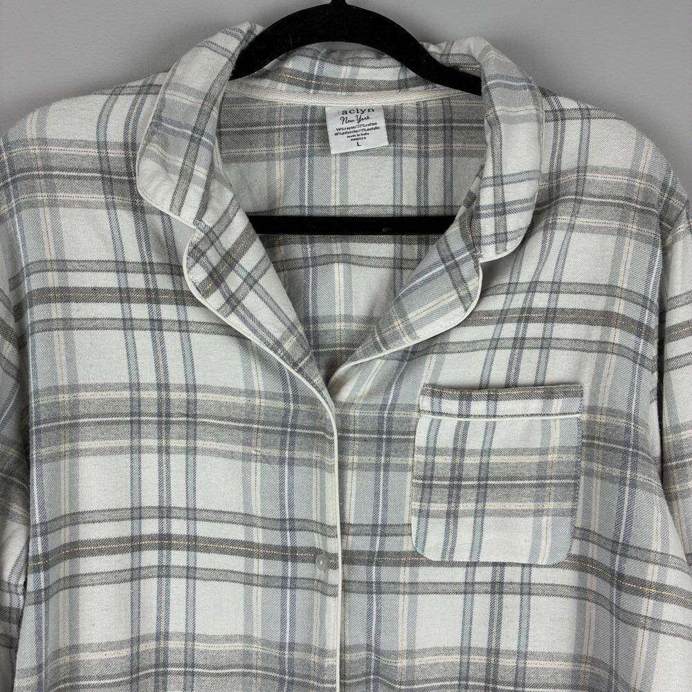 Jaclyn New York Pajama Set L Rayon Cotton Plaid Sleepwear Cozy Loungewear Grey - Picture 5 of 13